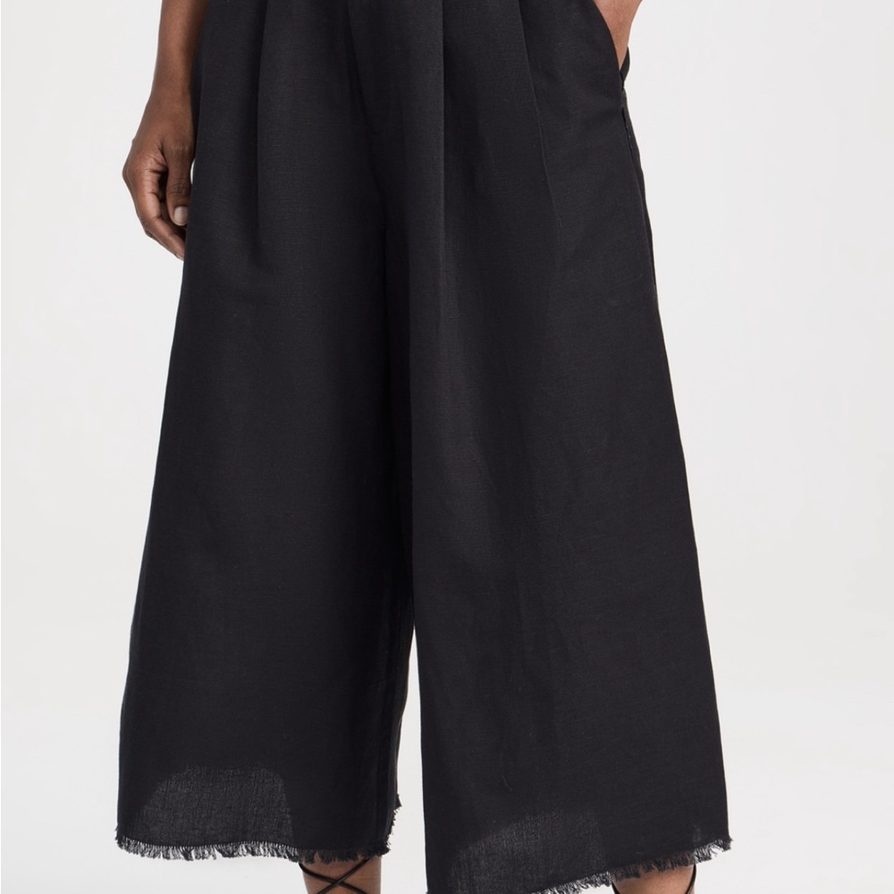 Sea New York Lara Linen Cropped Black Wide-Leg Pants with fringes